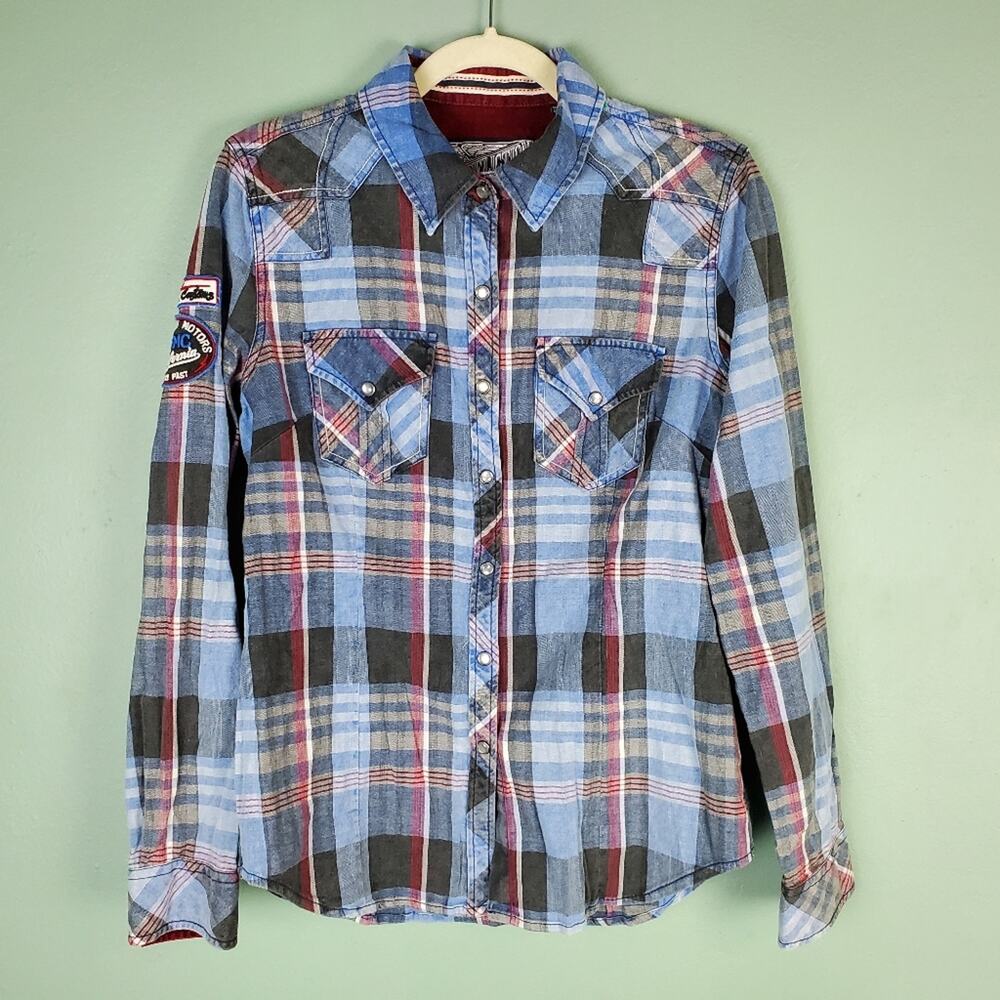 Affliction Blue Plaid Western Pearl Snap Embroidered Shirt Size Medium